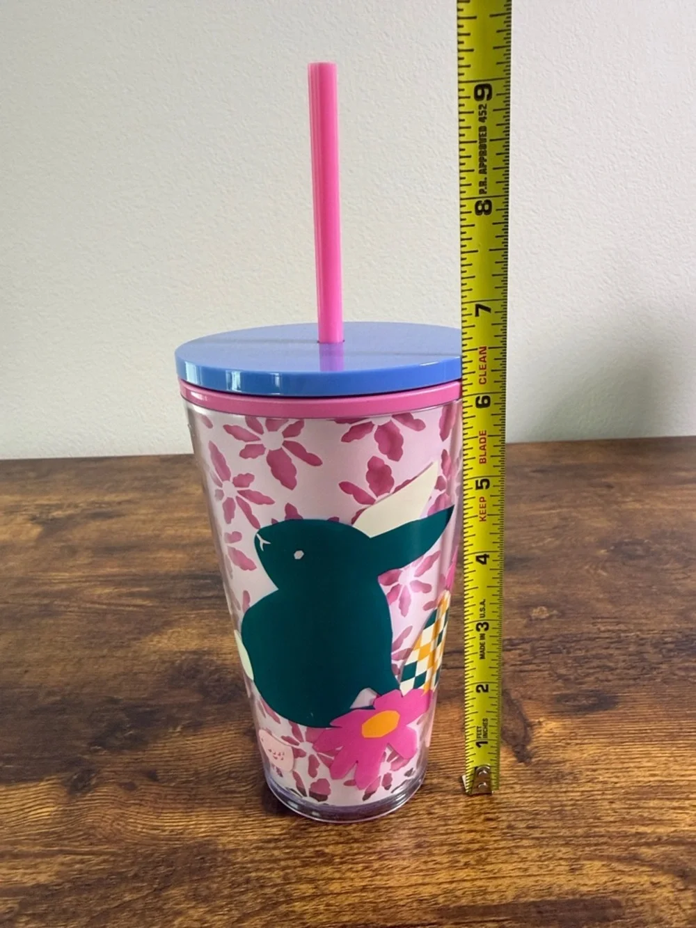 NWT Starbucks Pink Floral Tumbler with Blue Lid and Hot Pink Straw, 14 Oz